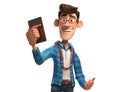 3D Businessman holding tablet. cartoon character cute smiling Businessman