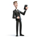 3D Businessman holding tablet. cartoon character cute smiling Businessman