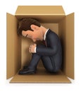 3d businessman inside cardboard box