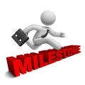 3d businessman jumping over 'milestone' word