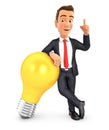 3d businessman leaning against light bulb