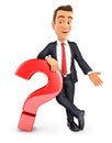 3d businessman leaning against question mark