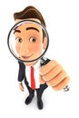 3d businessman looking into a magnifying glass