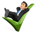 3D Businessman lying on a green tick