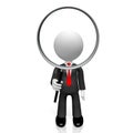 3D businessman, magnifying glass concept