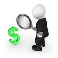 3d businessman with magnifying glass looks at dollar symbol Royalty Free Stock Photo