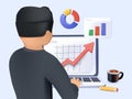 3D businessman marketer working at the computer in the office, vector 3D illustration of programmer, business analyst