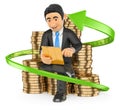 3D Businessman on a pile of coins buying stocks with his tablet. Royalty Free Stock Photo