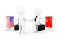 3d Businessman or Politicians Characters Shaking Hands near Tribunes with China and USA Flags. 3d Rendering