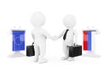 3d Businessman or Politicians Characters Shaking Hands near Tribunes with Russian and European Union Flags. 3d Rendering