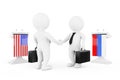 3d Businessman or Politicians Characters Shaking Hands near Tribunes with Russian and USA Flags. 3d Rendering