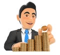 3D Businessman putting a coin in money staircase. Capital growth