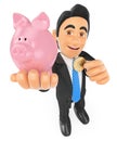 3D Businessman putting a coin in a piggy bank. Concept of saving