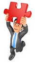 3D Businessman putting a red puzzle piece. Solution Royalty Free Stock Photo