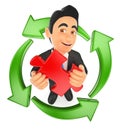 3D Businessman with a puzzle piece and green arrows around. Reusing ideas