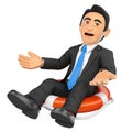 3D Businessman sitting in a lifesaver. Bankrupt company