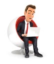 3d businessman sitting in round chair and using laptop Royalty Free Stock Photo