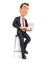 3d businessman sitting on stool with laptop