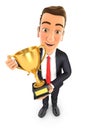 3d businessman standing with gold trophy cup