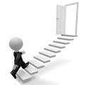 3D businessman walking up a stairs, open door