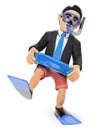 3D Businessman thinking in holidays with diving goggles fins and