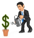 3D Businessman watering dollar shaped pot plant. Growth concept