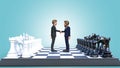 3dillustration rendering. Businessmen standing on a chess board and two of them shaking hands