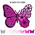3D butterfly with flowers. Vector layered template for laser and paper cutting