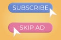 3d button skip ads and subscribe with cursor. Join or unsubscribe. Isolated button. Click, go to another tab. Digital