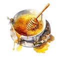 A cup of honey, bees, honeycombs, watercolor illustration,