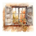 cute rustic window with flowers on the windowsill, watercolor illustration,