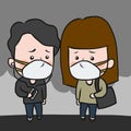 Man and woman wearing pollution mask cover cartoon illustration