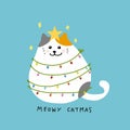 Fat cat act to be Christmas tree with colorful lightbulb, Meowy Catmas cartoon illustration