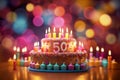 3D Cake with 50 Candles, Colorful Background, Luminous Objects, Bokeh. AI