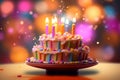 3D Cake with 50 Candles, Colorful Background, Luminous Objects, Bokeh. AI