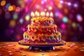 3D Cake with 50 Candles, Colorful Background, Luminous Objects, Bokeh. AI