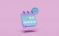 3d calendar with clock, checkmark icons, marked date, notification bell isolated on pink background. schedule appointment concept