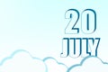 3d calendar with the date of 20July on blue sky with clouds, copy space. 3D text. Illustration. Minimalism.