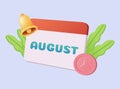 3d calendar icon. August. Daily schedule planner. Calendar events plan, work planning concept. 3d cartoon simple vector