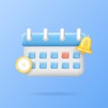 3D calendar icon. Event time schedule. Clock and notice bell. Date notification or reminder. Agenda planning. Alert Royalty Free Stock Photo