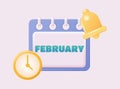 3d calendar icon. February. Daily schedule planner. Calendar events plan, work planning concept. 3d cartoon simple