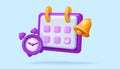 3D calendar. Time management icons. Month schedule. Alarm clock. Reminder notification. Agenda deadline. Alert bell