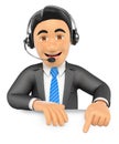 3D Call center employee pointing down. Blank space Royalty Free Stock Photo