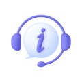 3D Call center. Headphones and information icon. Support service icon, customer consultation hotline, call center help Royalty Free Stock Photo