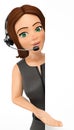 3D Call center operator with headphones pointing aside