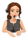 3D Call center operator with headphones pointing down