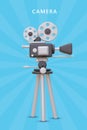 3D camera on blue background. Glowing effect. Video studio advertising template Royalty Free Stock Photo