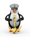 3d captain penguin with golden anchor and twisted rope Royalty Free Stock Photo