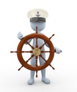 3d captain sailing a wooden rudder ship steering wheel