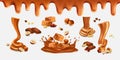 3d caramel toffee, melting liquid sugar drip. Sticky candy syrup natural food isolated elements, nuts and peanut